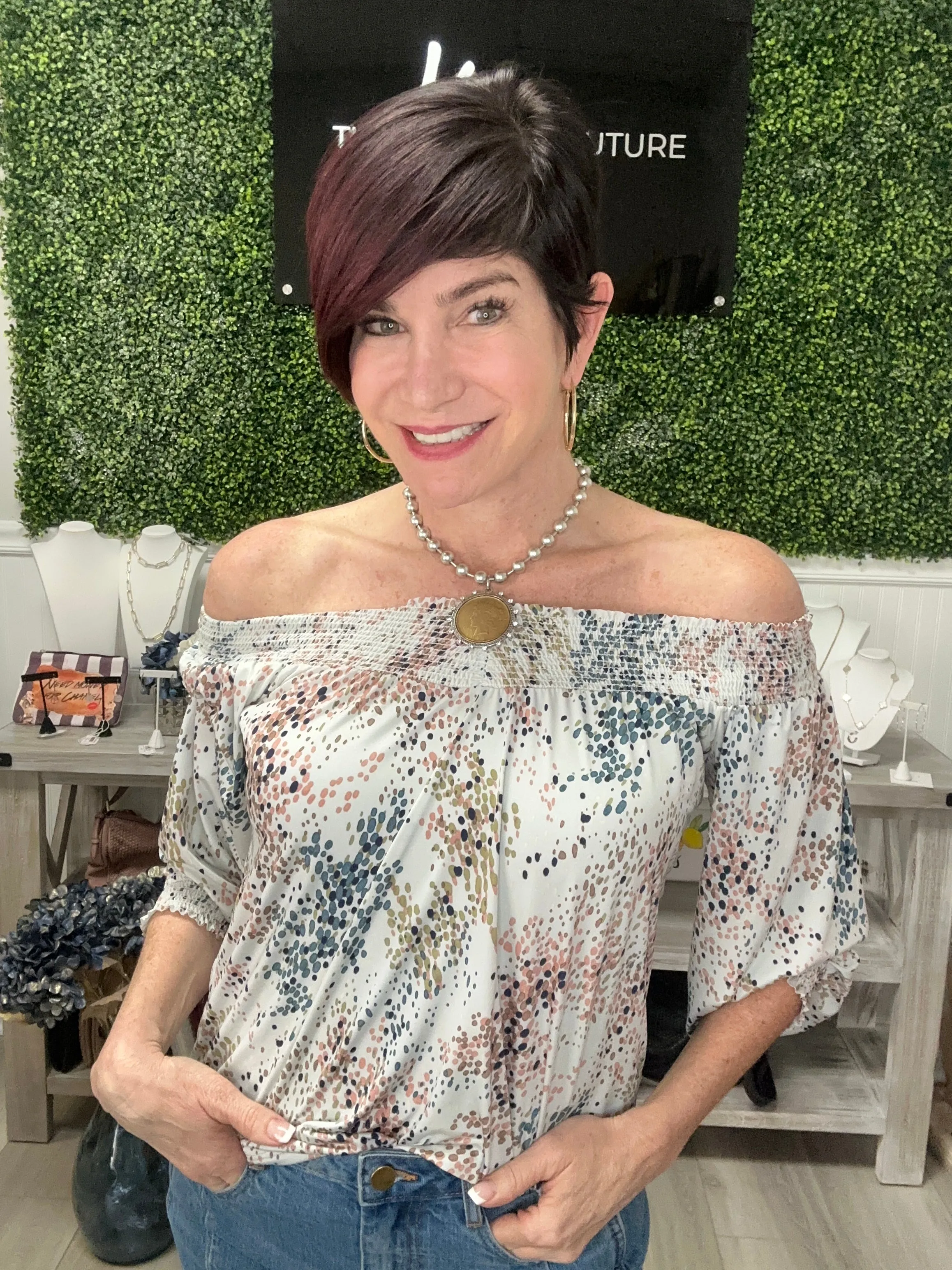 Sassy & Classy Off the Shoulder Speckled Top