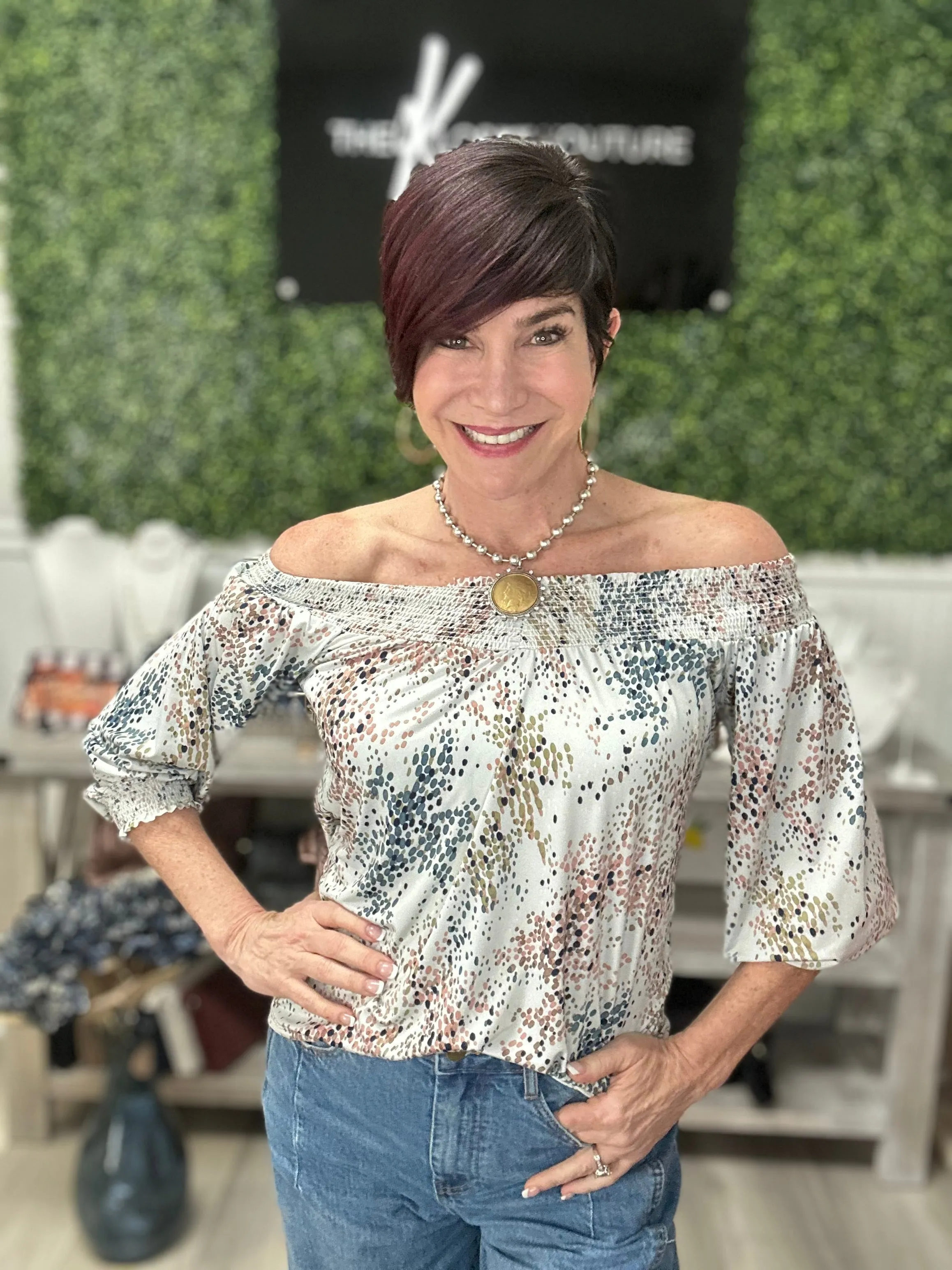 Sassy & Classy Off the Shoulder Speckled Top
