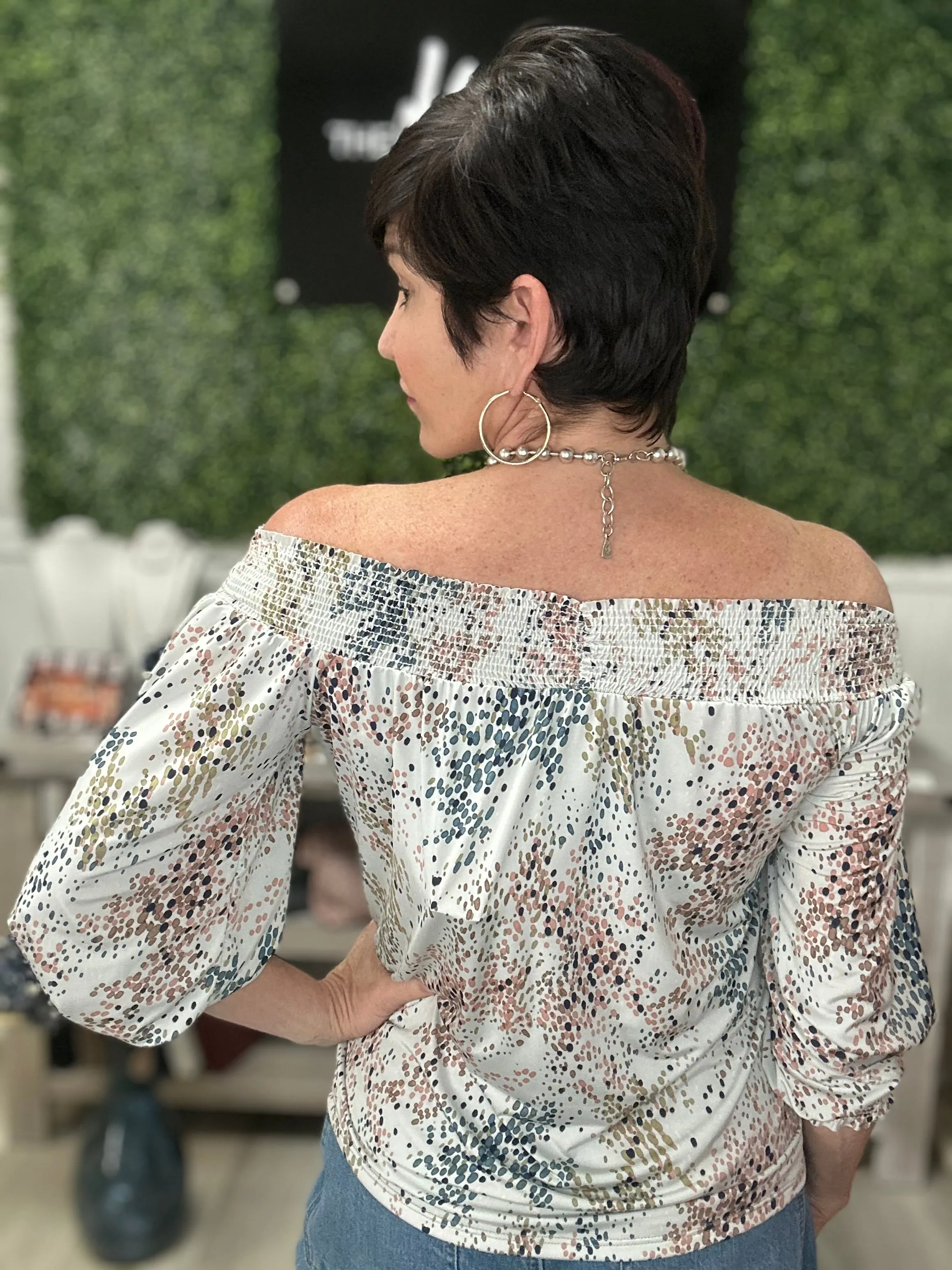 Sassy & Classy Off the Shoulder Speckled Top